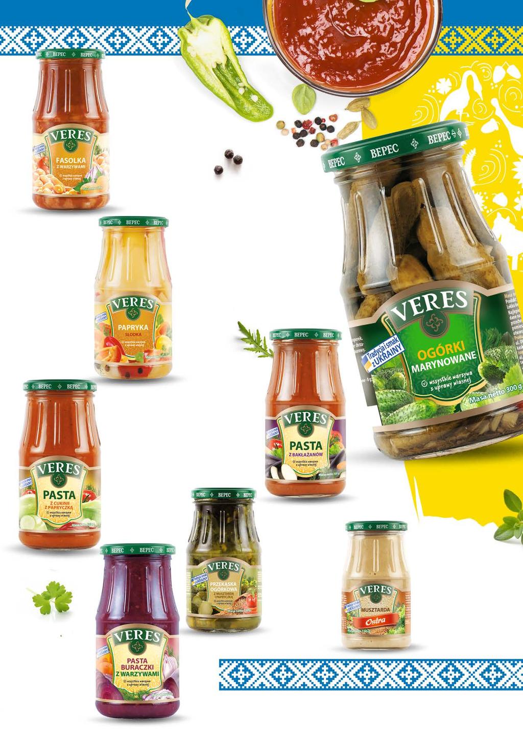 Fasolka z warzywami Veres 800 g / 530 g 1,41 zł / 100 g 7 49 Papryka słodka Veres 770 g / 505 g 1,48 zł / 100 g 7 49 Ogórki marynowane Veres 510 g / 300 g 2,00 zł / 100 g 5 99 Pasta z cukinii z