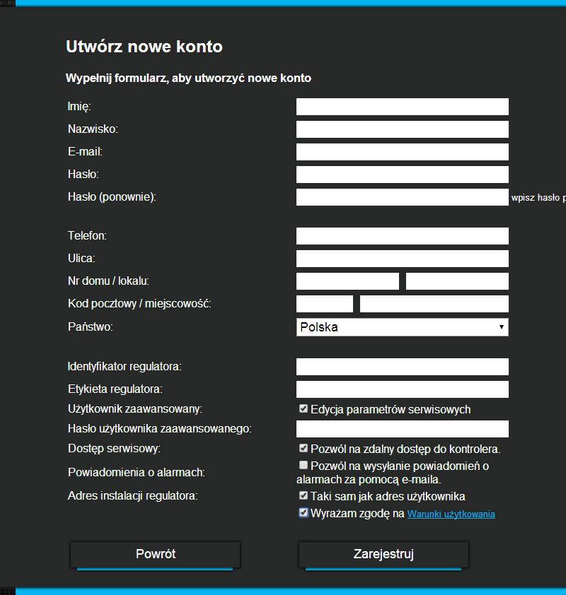 OBSŁUGA Z zakładki econet WiFi w menu głównym panelu regulatora kotła należy odczytać numer UID (unikatowy numer identyfikacyjny regulatora): MENU Informacje econet WiFi Należy wypełnić formularz