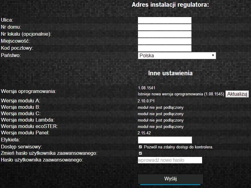 OBSŁUGA Zakładka w wersji serwerowej umożliwia: zmianę adresu instalacji regulatora kotła, nazwy etykiety, dostępu serwisowego oraz hasła użytkownika zaawansowanego, odczytanie wersji