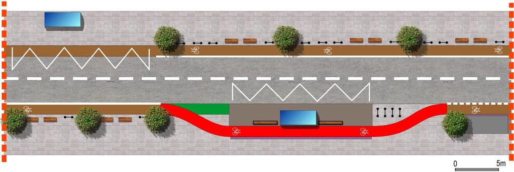 SCHEMAT B DLA ULICY TEMPO 50 LUB TEMPO 30 Z RUCHEM AUTOBUSOWYM PAS ROWEROWY - 1,5 M DO 1,7 M CHODNIK - MIN.