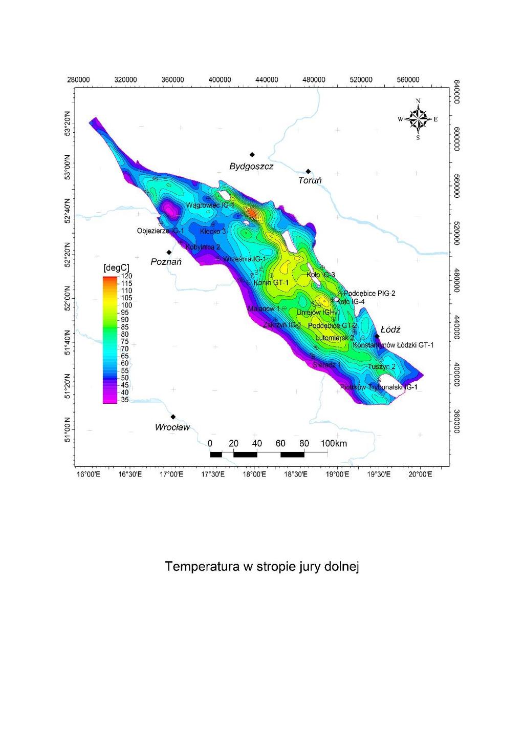 Charakterystyka termiczna obszaru Thermal characteristics of the area K1 Gęstość strumienia cieplnego Heat flow density: 75-85 mw/m2 Gradient geotermiczny