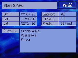 8.13.4 Stan GPS Stan GPS Okno STAN GPS zawiera informacje dotyczące aktualnej pozycji i chwilowej prędkości. 1. Stuknij w przycisk Stan GPS. Otwiera się okno STAN GPS.