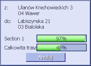 Trasa jest obliczana. Jedno z okien informuje o zaawansowaniu tej czynności. Po obliczeniu trasy pojawia się mapa, przedstawiająca tą właśnie trasę.