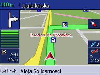 Pojawia się mapa. Czerwony trójkąt na mapie symbolizuje aktualną pozycję. Trasa jest na mapie zielona. Po osiągnięciu pierwszego punktu trasy, pojawia się komunikat "Osiągnąłeś cel".