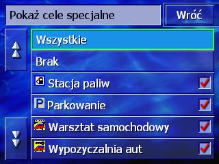 8.6 Pokaż cele specjalne Pokaż cele specjalne W oknie POKAŻ CELE SPECJALNE, można ustalić, które kategorie celów specjalnych mają pojawiać się na mapie.