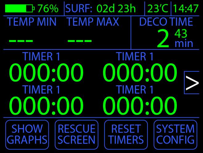 DIVE TIME czas nurkowania, podany w formacie: minuty sekundy. O2 TIMER bieżąca wartość licznika (stopera) tlenu. Stoper ten należy uruchomić w sytuacji ratunkowej, w momencie podania tlenu.