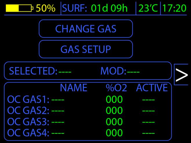 5.1.2.2 Konfiguracja tabeli gazów GAS SETUP. W trybie OC REC urządzenie obsługuje 4 mieszanki gazowe, niezawierające helu.