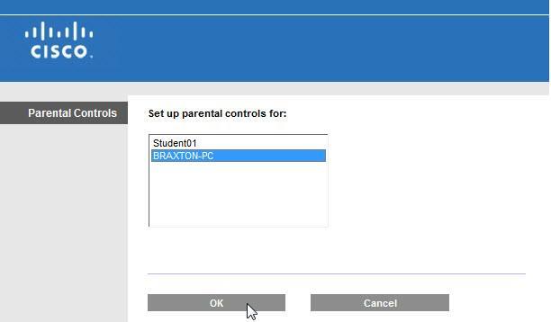 Wybierz opcję Enable> Add. Pojawi się okno "Set up parental control for:". Wybierz nazwę komputera, Komputer 2> OK.