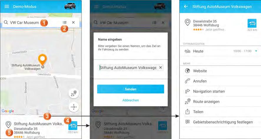 Usługi Guide & Inform 10.3.4 Wysyłanie celów do samochodu w aktualnej wersji aplikacji Car-Net Rys. 35: Interfejsy użytkownika do wysyłania celów do samochodu Uruchamianie i logowanie 1.