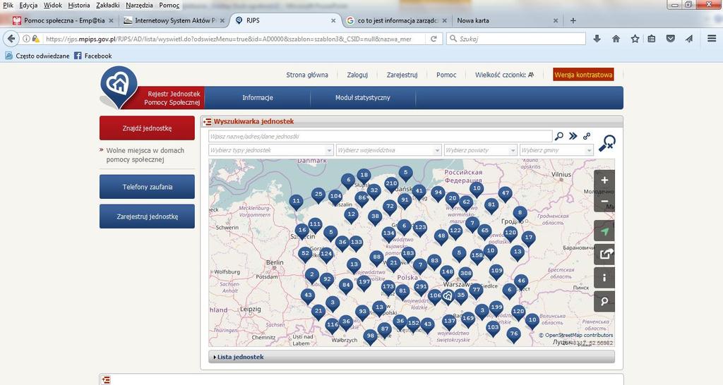 Rejestr Jednostek Pomocy Społecznej RJPS zapewnia obywatelowi dostęp do bieżącej informacji o miejscu, gdzie może on uzyskać pomoc w związku z problemami społecznymi.