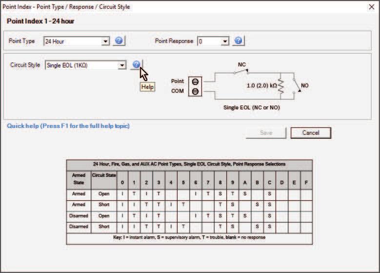 190 pl Punkty Control Panel Parametry Odpowiedź punktu i Typ punktu określają, jak centrala alarmowa odpowiada na zmiany w pętlach czujnika punktów okablowanych (otwarta, zwarcie, normalna) lub