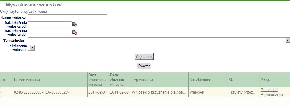 Wyszukiwanie zatwierdzonego wniosku,