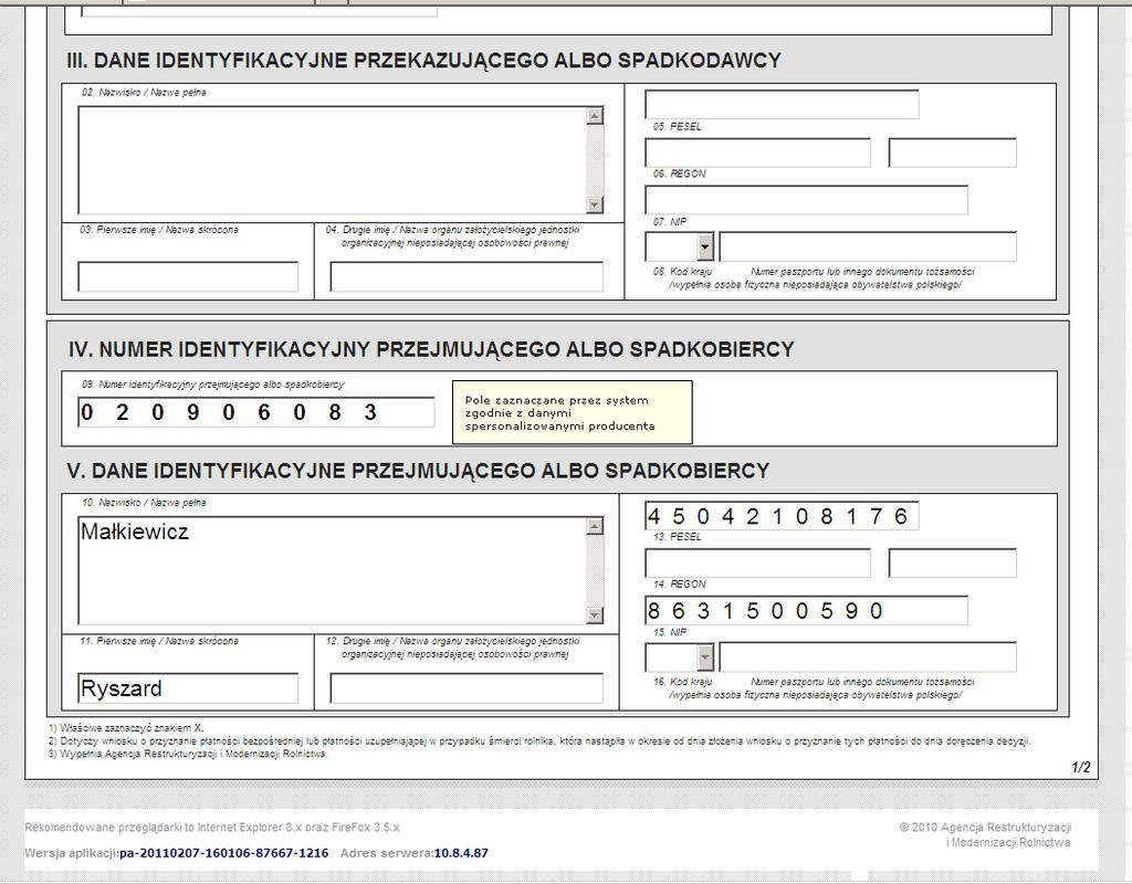 Wniosek o przyznanie płatności w przypadku przekazania