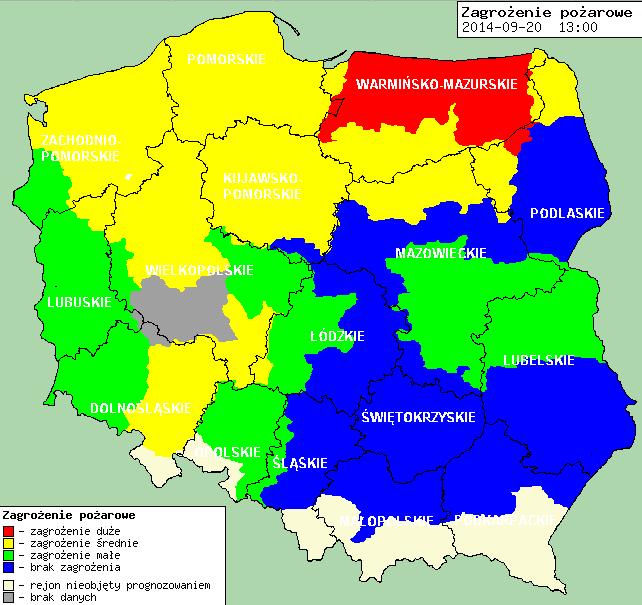 Zagrożenie pożarowe lasów Ostrzeżenia meteorologiczne OSTRZEŻENIE Nr 72 Zjawisko/Stopień zagrożenia: Silna mgła/1 Obszar: województwo mazowieckie Ważność: od godz. 22:00 dnia 20.09.2014 do godz.