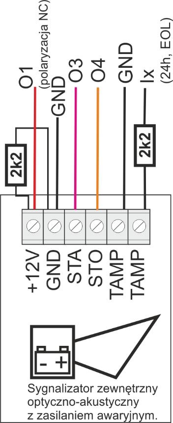 zasilania awaryjnego). Sterowanie +12V z wyjść O1/O2.