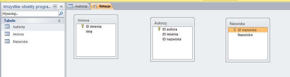 tabeli. Łączymy klucz podstawowy ID imienia z tabeli Imiona z kluczem obcym ID imienia w tabeli Autorzy. Tzn.