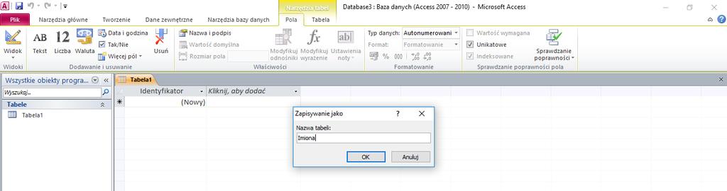 Zmieniamy nazwę tabeli Tabela1 na nazwę Imiona i klikamy OK.