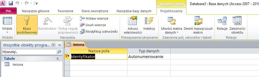 Zmieniamy nazwę pierwszej kolumny na: ID imienia.