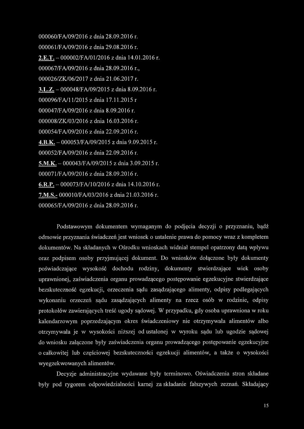 B.K.-000053/FA/09/2015 z dnia 9.09.2015 r. 000052/FA/09/2016 z dnia 22.09.2016 r. 5.M.K. - 000043/FA/09/2015 z dnia 3.09.2015 r. 00007l/FA/09/2016 z dnia 28.09.2016 r. 6.R.P.