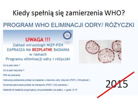 Programy eliminacji odry Termin aktualnie obowiązujący to rok 2020 WHO (2012) Global measles and rubella strategie plan: 2012 2020.