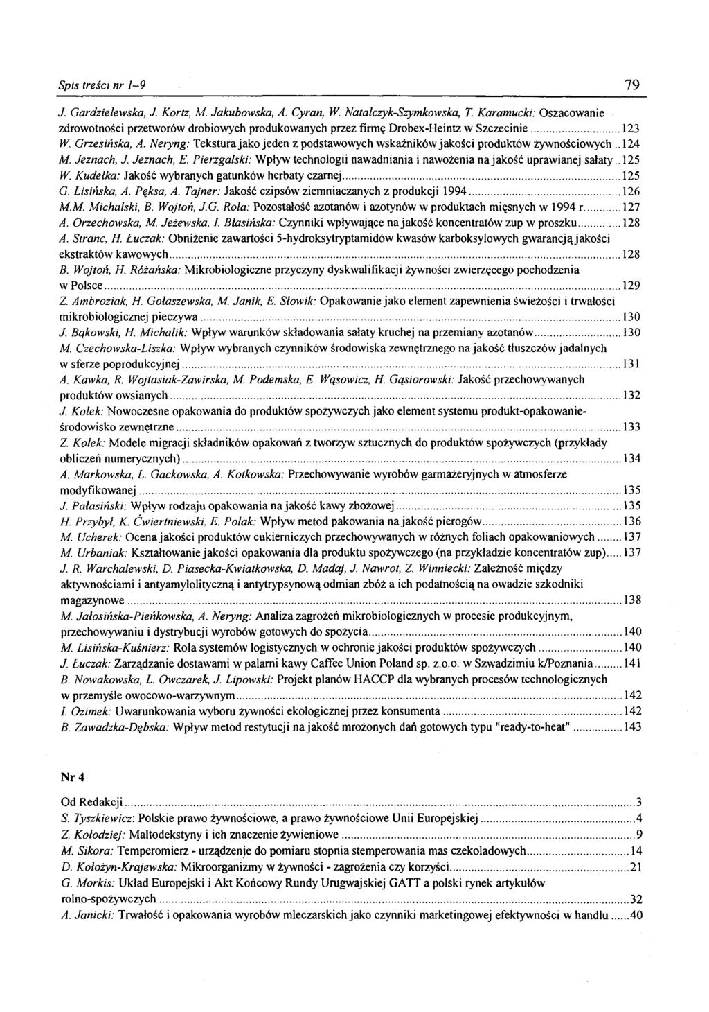 Spis treści nr 1-9 79 J. Gardzielewska, J. Kortz, M. Jakubowska, A. Cyran, W. Natalczyk-Szymkowska, T.