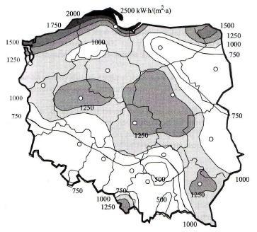 Zasoby energii wiatru na terenie Polski Energia wiatru w kwh/m2 na