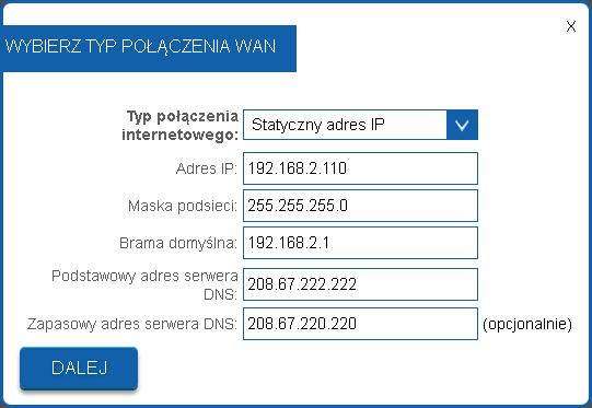 5), naciśnij przycisk Kreator konfiguracji. 3.5.1) Konfiguracja interfejsu WAN routera w trybie DHCP Krok 1) Z nowo otwartego okna, z rozwijalnej listy Typ połączenia internetowego wybierz wpis