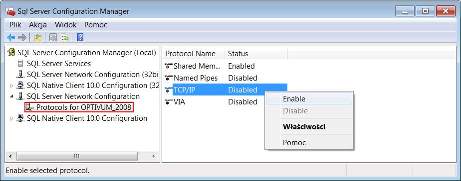 Podczas instalacji możemy ustawić, aby serwer SQL i usługa SQL Server Browser uruchamiały się automatycznie, natomiast protokół TCP/IP musimy włączyć po zainstalowaniu serwera, gdyż domyślnie jest