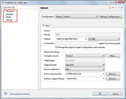 Rysunek 10. Konfiguracja projektu dla CC3200 Konfigurację debuggera (zakładka Debug) importujemy z pliku dostarczonego w pakiecie oprogramowania CC3200 SDK.