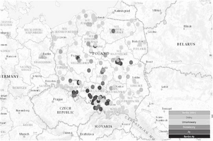 196 Rocznik Bezpieczeństwa Międzynarodowego 2017, vol. 11, nr 1 Rys. 4. Zanieczyszczenie powietrza w Polsce stan na dzień 08.01.2017 r. Źródło: Główny Inspektorat Ochrony Środowiska (2017).