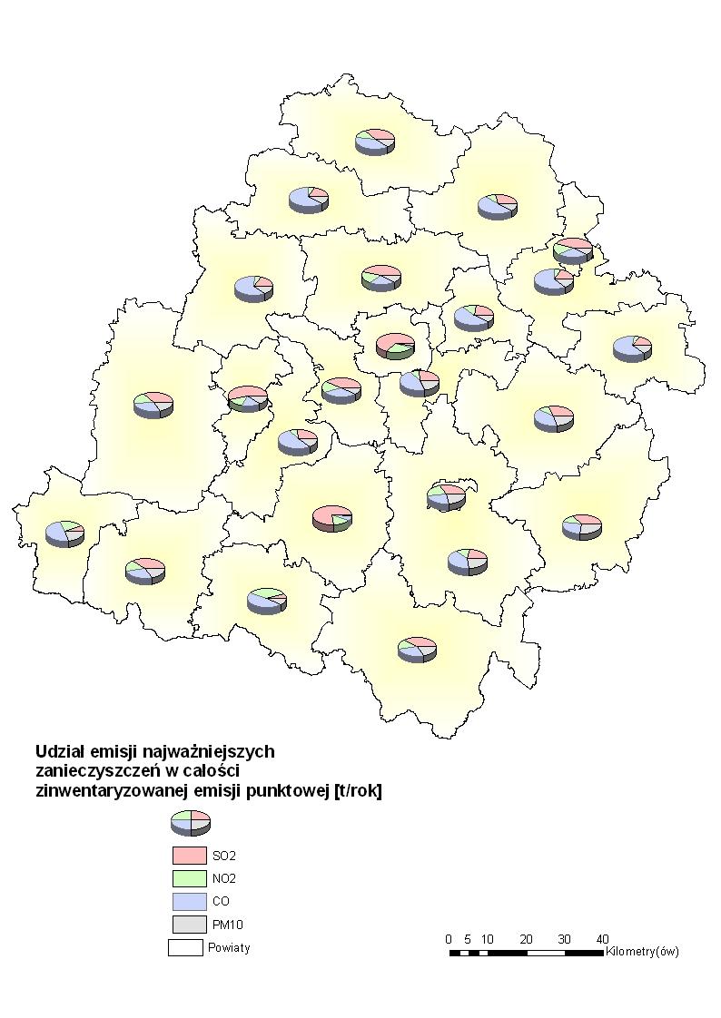 W województwie łódzkim występuje znaczne zróżnicowanie rocznych sum emisji głównych zanieczyszczeń powietrza.