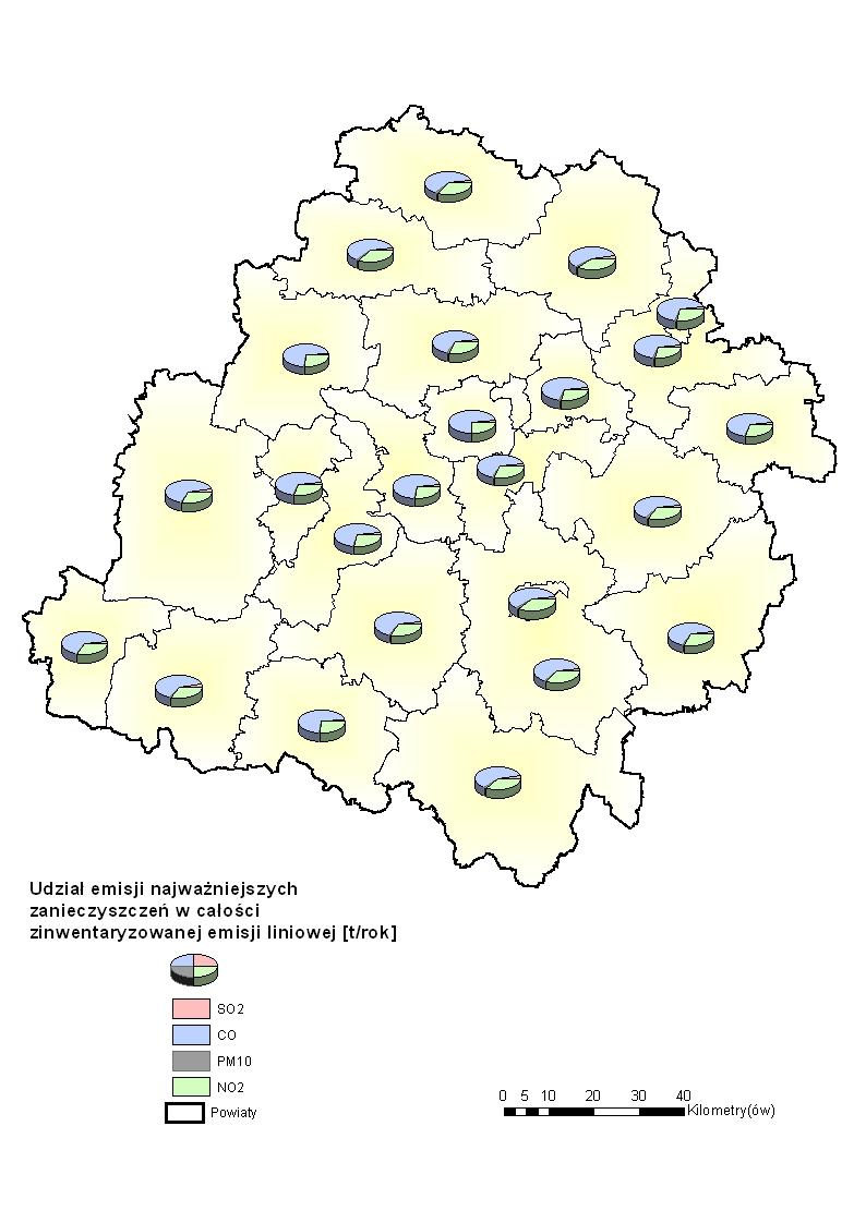 Mapa 6. Udziały emisji poszczególnych zanieczyszczeń w całkowitej zinwentaryzowanej emisji komunikacyjnej w województwie łódzkim.