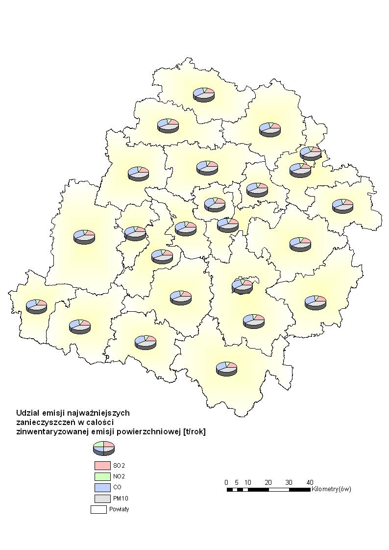 Mapa 11. Udziały emisji poszczególnych zanieczyszczeń w całkowitej zinwentaryzowanej emisji powierzchniowej w województwie łódzkim.