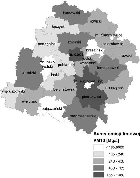 33 Mapa 12. Sumy emisji liniowej pyłu PM10 [Mg/a] w powiatach w 2007r. Mapa 13. Sumy emisji liniowej SO 2 [Mg/a] w powiatach w 2007r.