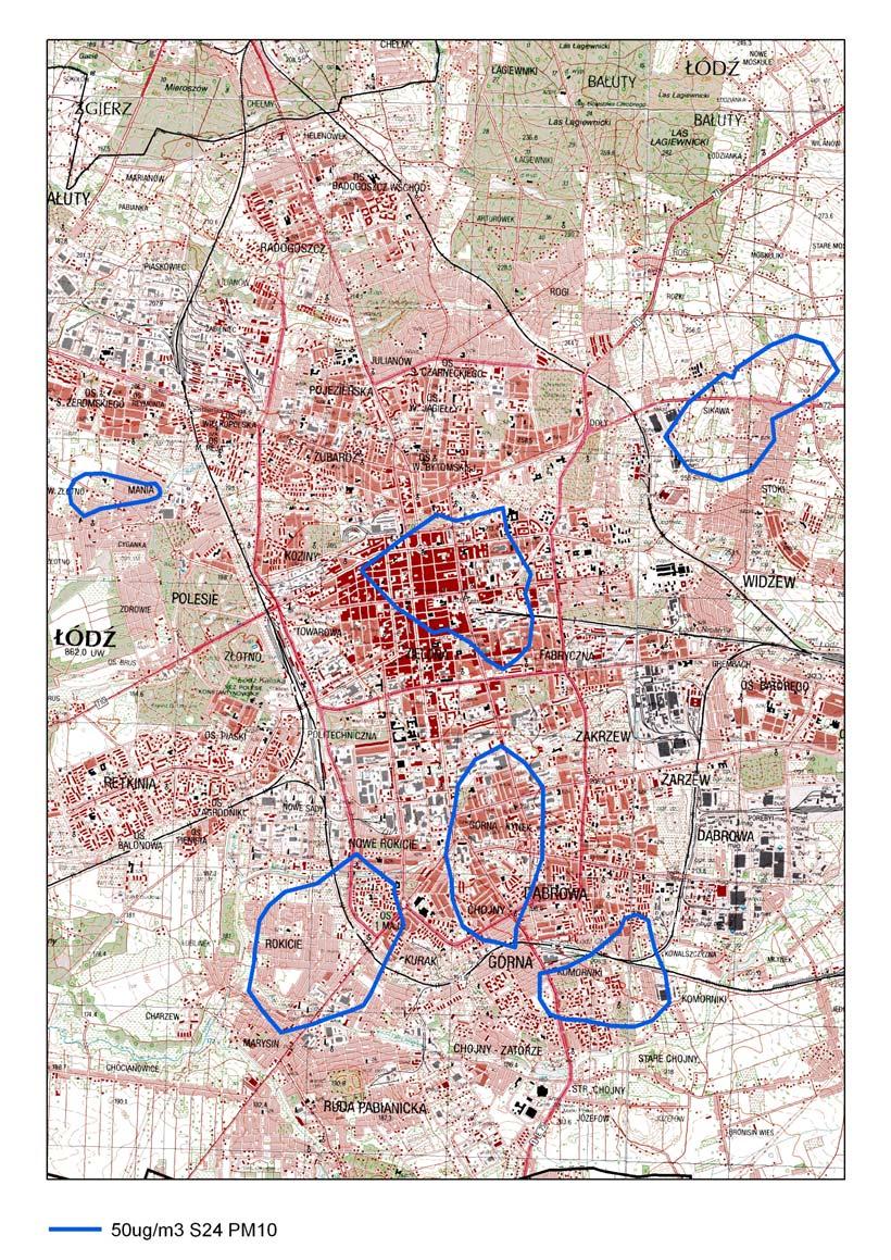 65 W strefie skierniewicko-łowickiej obszar przekroczeń dobowej wartości poziomu dopuszczalnego stężenia pyłu ograniczał się do ścisłego centrum mista z
