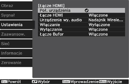 Przydatne funkje Korzystanie z funkji Łąze HDMI Funkja Łąze HDMI Jeżeli urządzenie AV, które spełnia standardy HDMI CEC jest podłązone do gniazda HDMI w projektorze, możesz wykonywać łązone