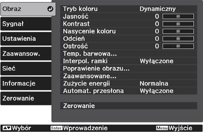 Menu konfiguraji Funkje menu konfiguraji Obsługa menu konfiguraji W menu konfiguraji można zmienić ustawienia sygnału, obrazu, sygnału wejśiowego itp.