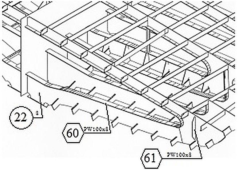 Zadanie 5. Przedstawiony dokument stosowany w budownictwie okrętowym to rysunek szablonów do prefabrykacji sekcji. fragment rysunku konstrukcyjnego. szkic montażowy detali dna. karta wykroju.