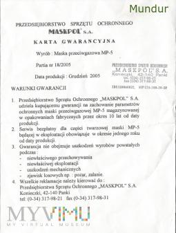 Maska p-gaz MP-5 - karta gwarancyjna 208-2-4 Maska p-gaz MP-5 -