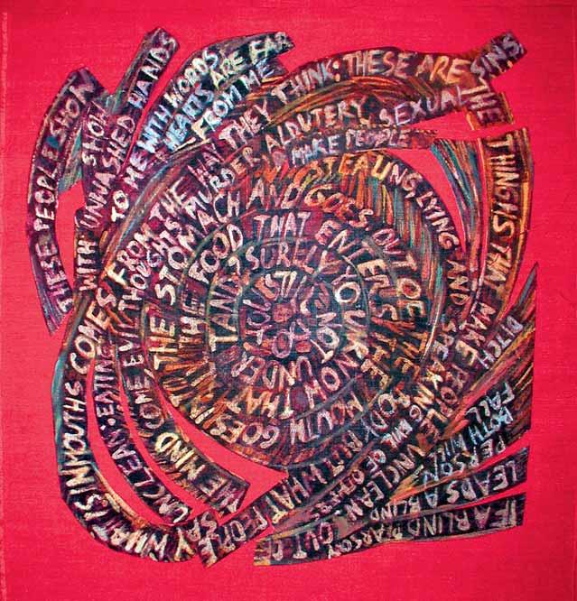 IWONA BUGAJSKA-BIGOS Z cyklu: Words II 60 x 60 cm, technika własna, len, 2014 Urodzona w Nowym Sączu. Absolwentka Uniwersytetu Śląskiego w Cieszynie, Instytut Sztuki dyplom z Malarstwa (1995).