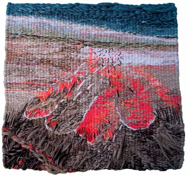 ANETA SŁOWIK Gdzieś tam II 28 x 28 cm, technika: gobelin, haft, 2014 Ukończyła ASP w Łodzi Wydział Tkaniny i Ubioru, specjalizacja: Projektowanie Tkaniny Drukowanej.