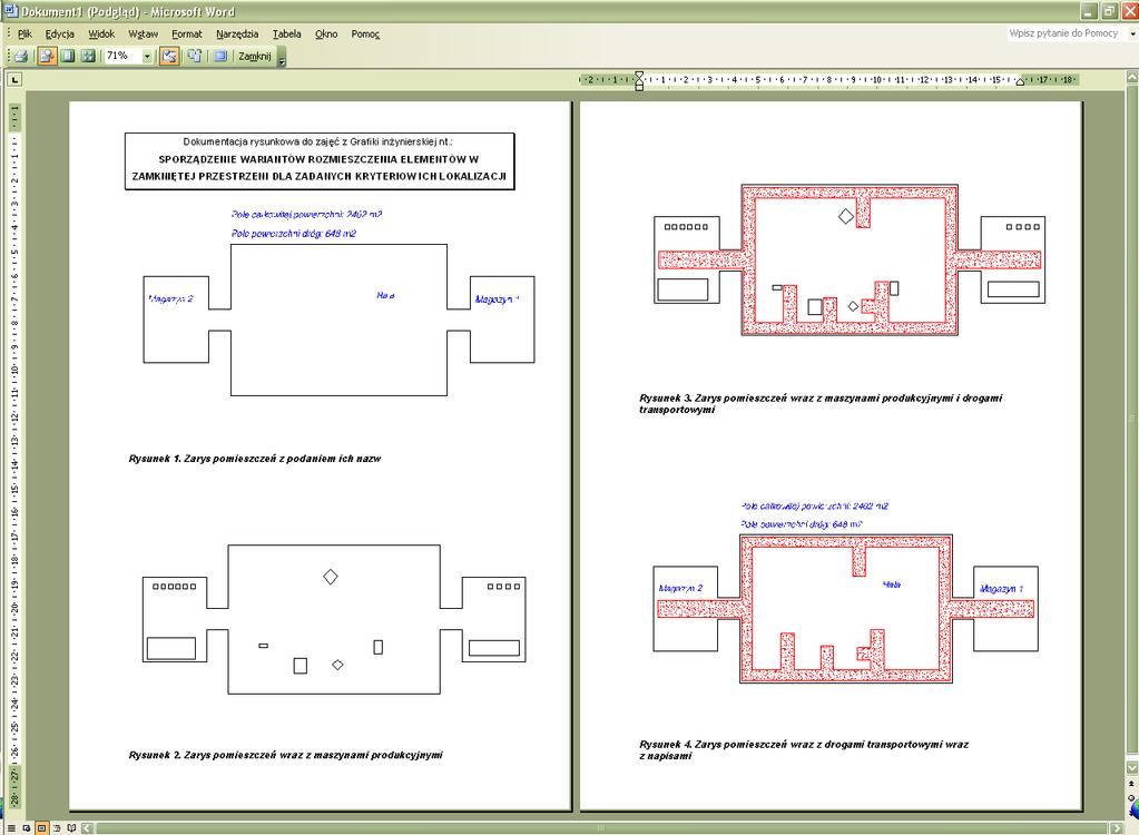 Rys. 5 Zrzut ekranu programu MS Word z wykazem rysunków wyeksportowanych z programu AutoCAD Wypowiedz się w następujących kwestiach: Z czym miałeś trudności i czy wiesz co zrobić, by ich uniknąć?