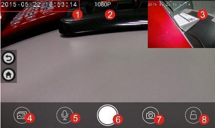 Funkcje kamery samochodowej Interfejs podczas pracy 1. Znak czasu Nagrania wideo będą posiadały znak czasu i daty. 2. Jakość nagrywania Pokazuje w jakiej jakości nagrywa. 3.