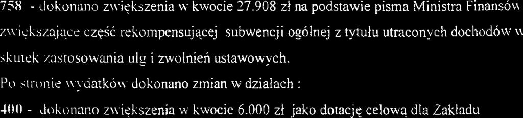 908 zi na podstawie pisma Ministra Finansou z\\ i<ksmjqce czesc reko~iipensujacej subwencji ogolnej z rytulu utraconych dochodow n S ~ L /astoso\+ania ~! ~ ~11g i zwolnieli ustawowych.