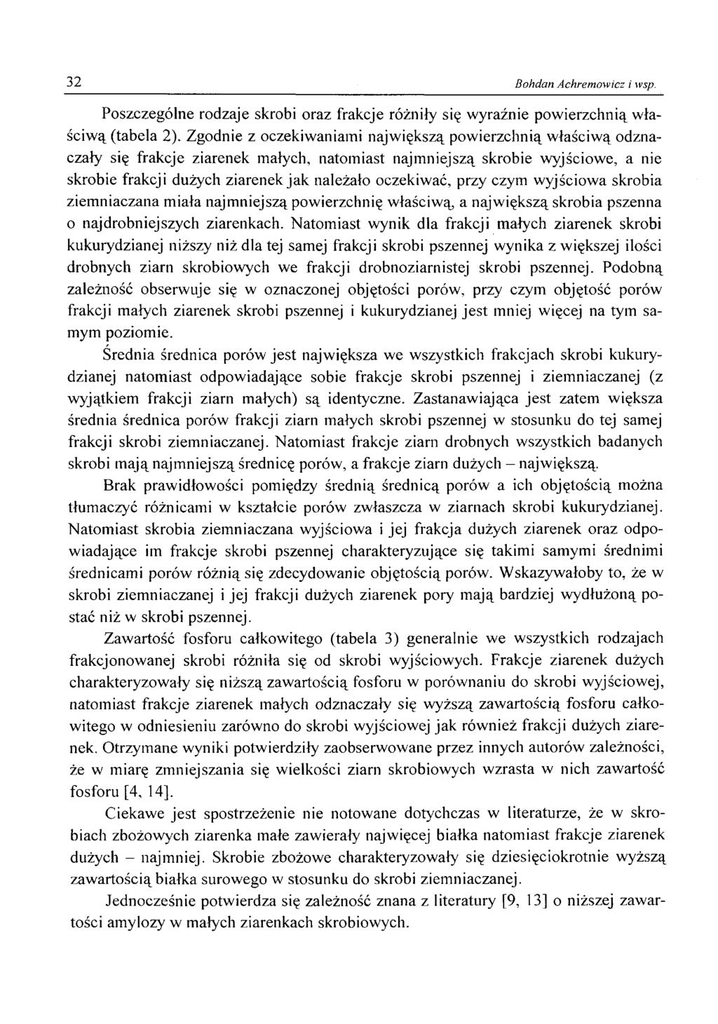 32 Bohdan Achremowicz i wsp. Poszczególne rodzaje skrobi oraz frakcje różniły się wyraźnie powierzchnią właściwą (tabela 2).