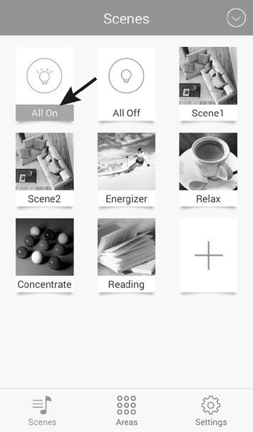 c) Włączanie i wyłączanie scen Aby włączyć lub wyłączyć scenę, należy w menu Scenes dotknąć symbolu wybranej sceny. Aktywna jest scena, której podpis jest na niebieskim tle.