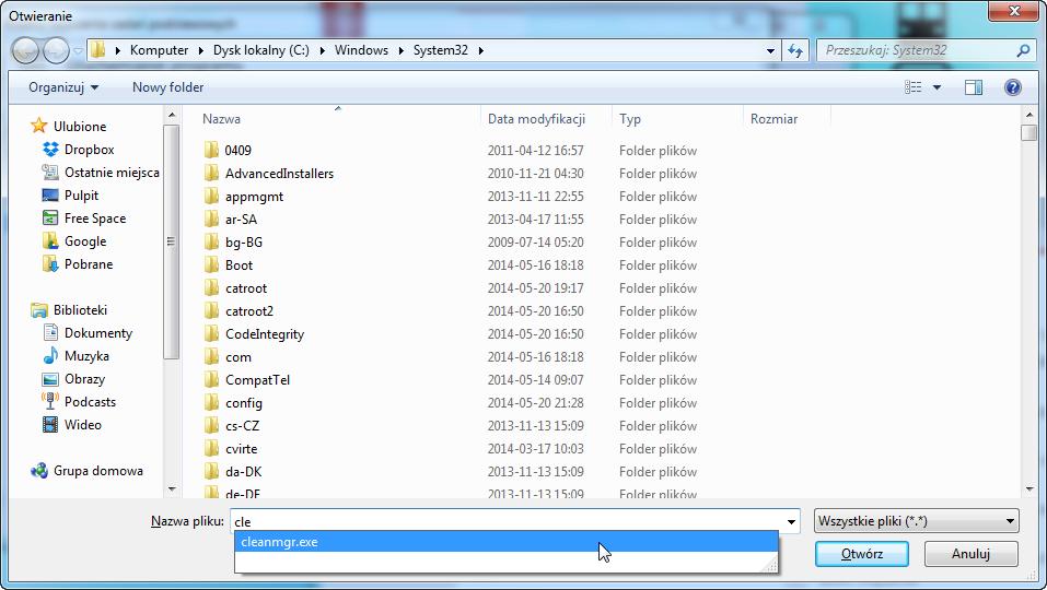 Kliknij na Przeglądaj... Wpisz cle w polu nazwa pliku, wybierz cleanmge.exe, a następnie kliknij przycisk Otwórz.