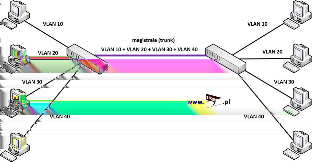 18 (Pobrane z slow7.pl) Uzbrojeni w tą wiedzę spróbujmy zatem pomiędzy przełącznikiem S1 oraz S2 ustanowić połączenie magistrali tak aby możliwe stało się przesłanie ramek należących do sieci VLAN 10.