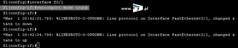 ponowne wydanie komendy: switchport mode trunk na interfejsie f0/1 przełącznika S1 ustanawia na tym interfejsie łącze magistrali.