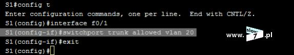 28 (Pobrane z slow7.pl) remove <id_vlan> - określony identyfikator VLAN zostanie usunięty z wcześnie zdefiniowanej listy VLAN-ów mogących korzystać z połączenia trunk.